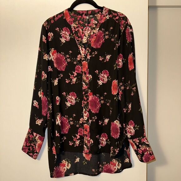 Kut from the Kloth Women’s Black Pink Floral Button Blouse Size Small EUC - Picture 1 of 12